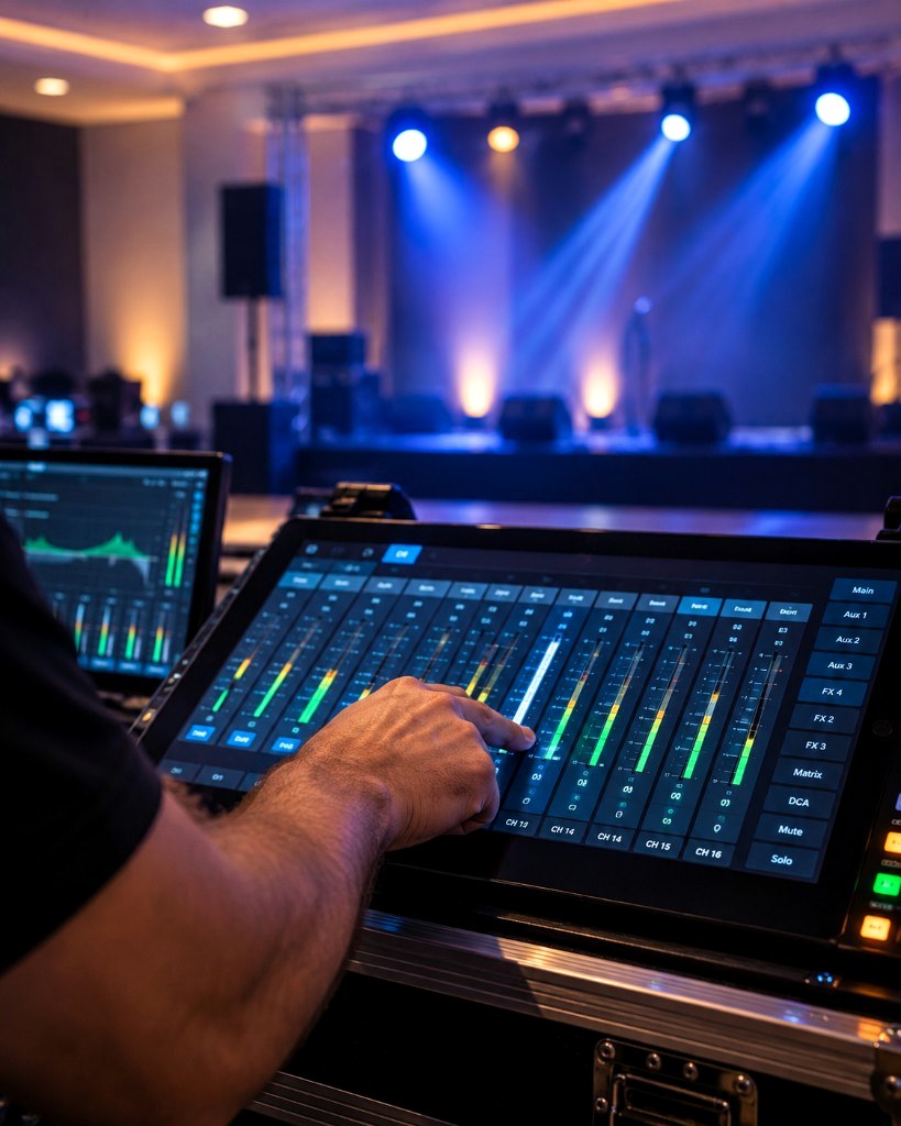 Operação de som: técnico ajustando a mesa digital durante o evento