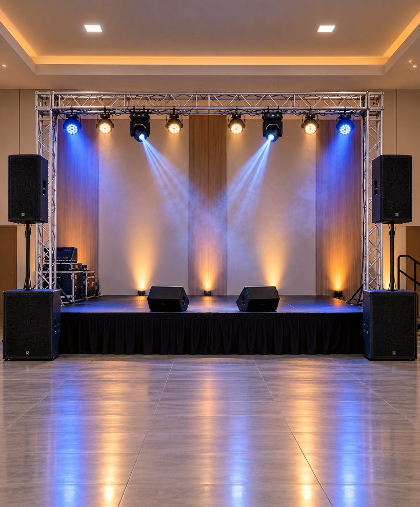 Palco montado com sistema de som, monitores e iluminação cênica